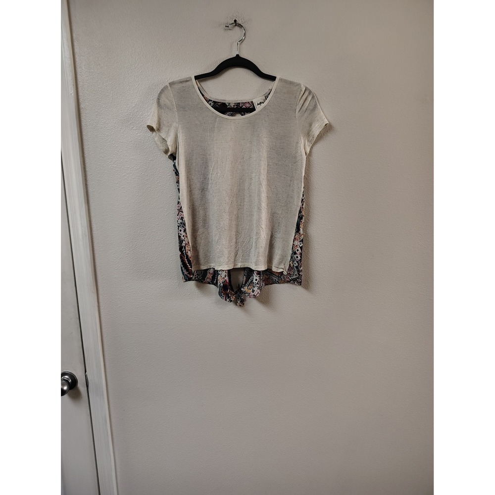 Daytrip Womens XS Cream Slub Knit Geometric Print Open Back Tie Hem T-Shirt Top